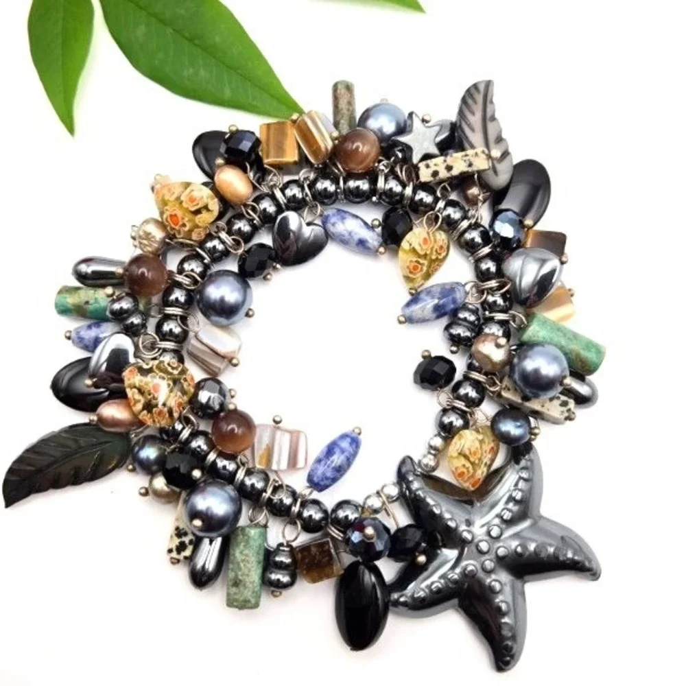 Handmade Stretch Bracelet Turquoise Pearl Shell Jasper Sodalite Millefiori Glass